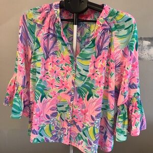 Lilly Pulitzer Ruffled Pink and Green Blouse with Bell Sleeves